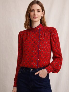 Adrianna Papell Silk Blouse Top 8 Red Paisley Puff Sleeve Preppy Vtg Parisian